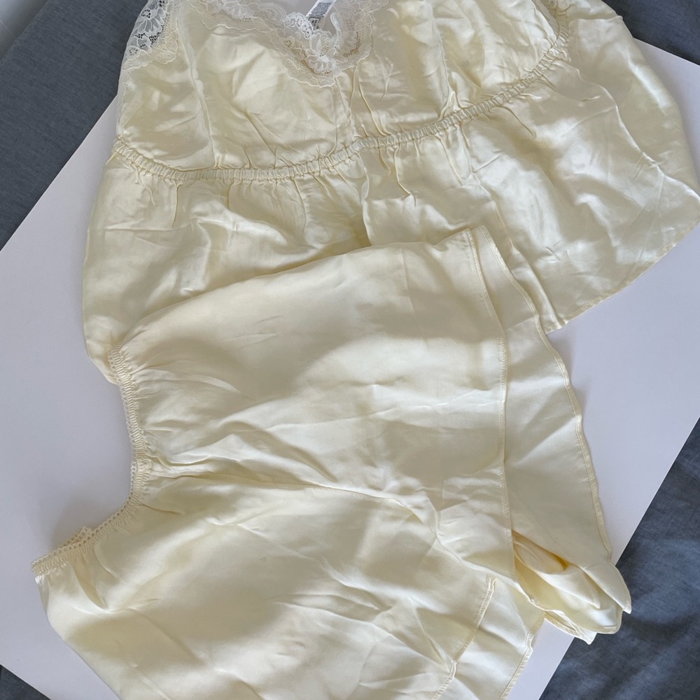 Aerie Cream Satin Pajama Set with Ruffled Details